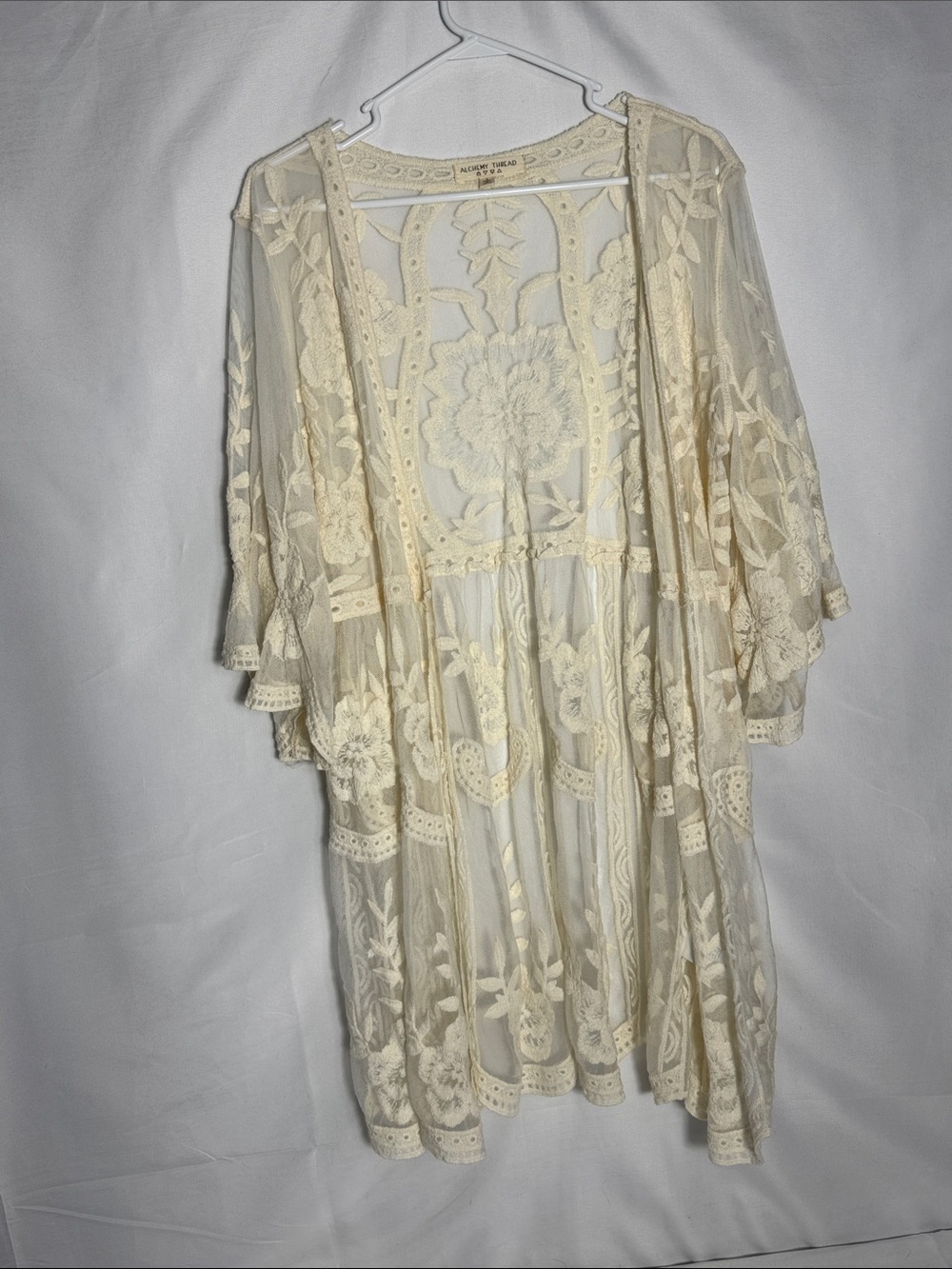 Alchemy Thread Sheer Embroidered Lace Kimono Cream — Bohemian Layering Piece